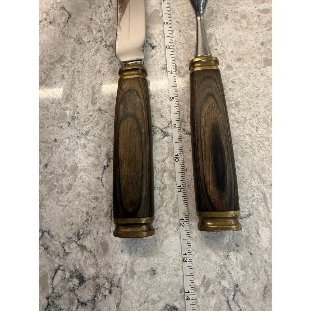Vintage Carver Set Dark Wood Handles and Brass Bolster Initials 